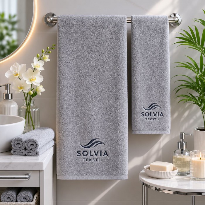 Logolu El ve Banyo Havlusu Takımı Açık Gri 50x90cm 70x140cm